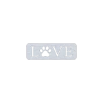 Square aluminum sign with the word 'LOVE' cut out, featuring a paw print replacing the 'O', two small holes for hanging, set against a solid black background.